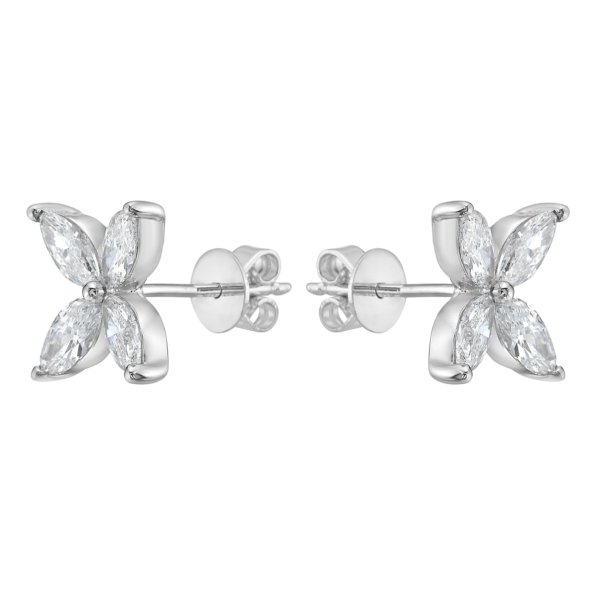 Four White Gold Marquise Diamond Flower Studs